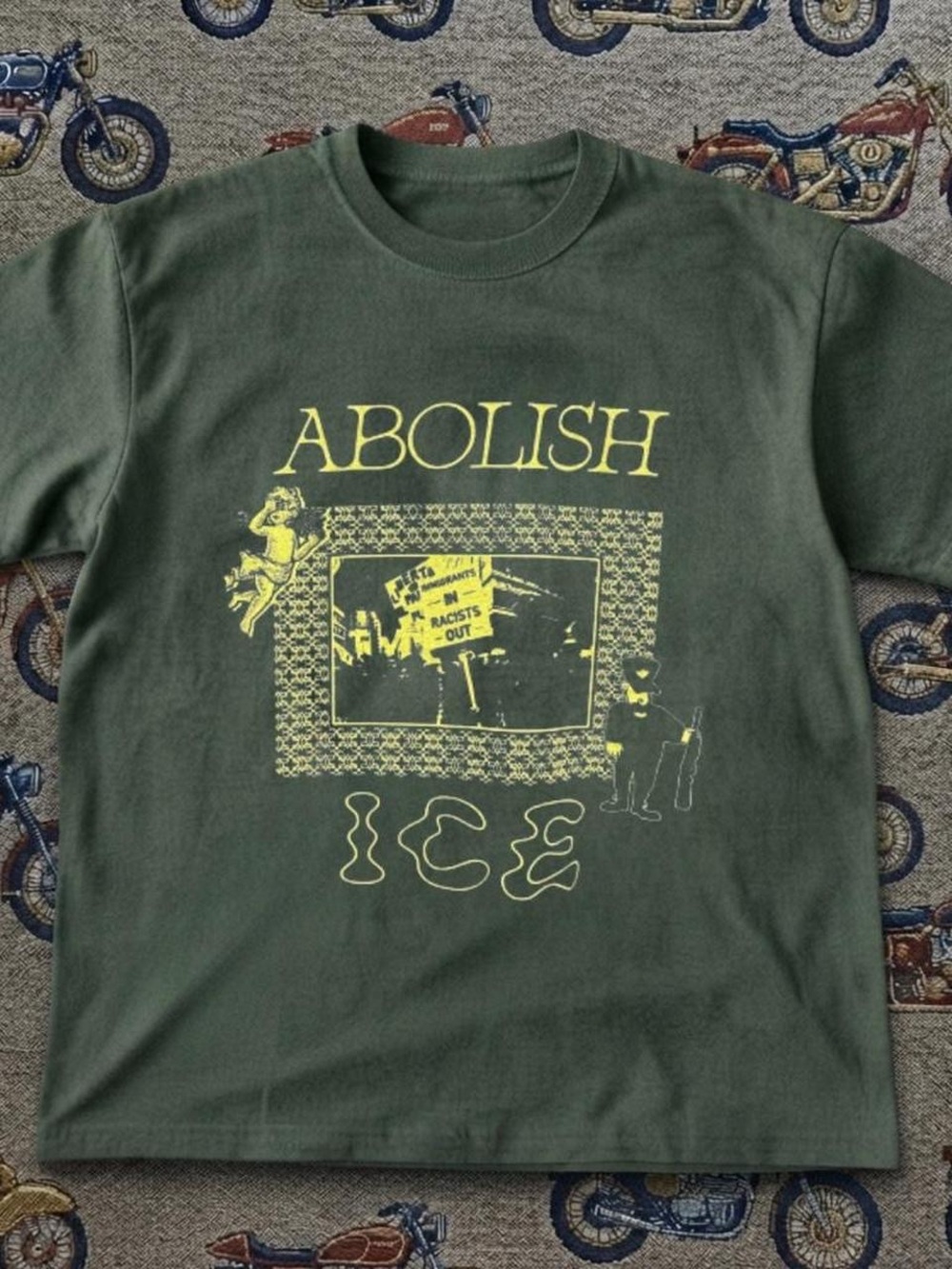 Gildan Olive Green Tee with Yellow 'ABOLISH ICE' Graphic